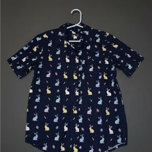Children's Place Boys Navy Blue Easter Bunny Poplin Button Up Shirt size 7/8